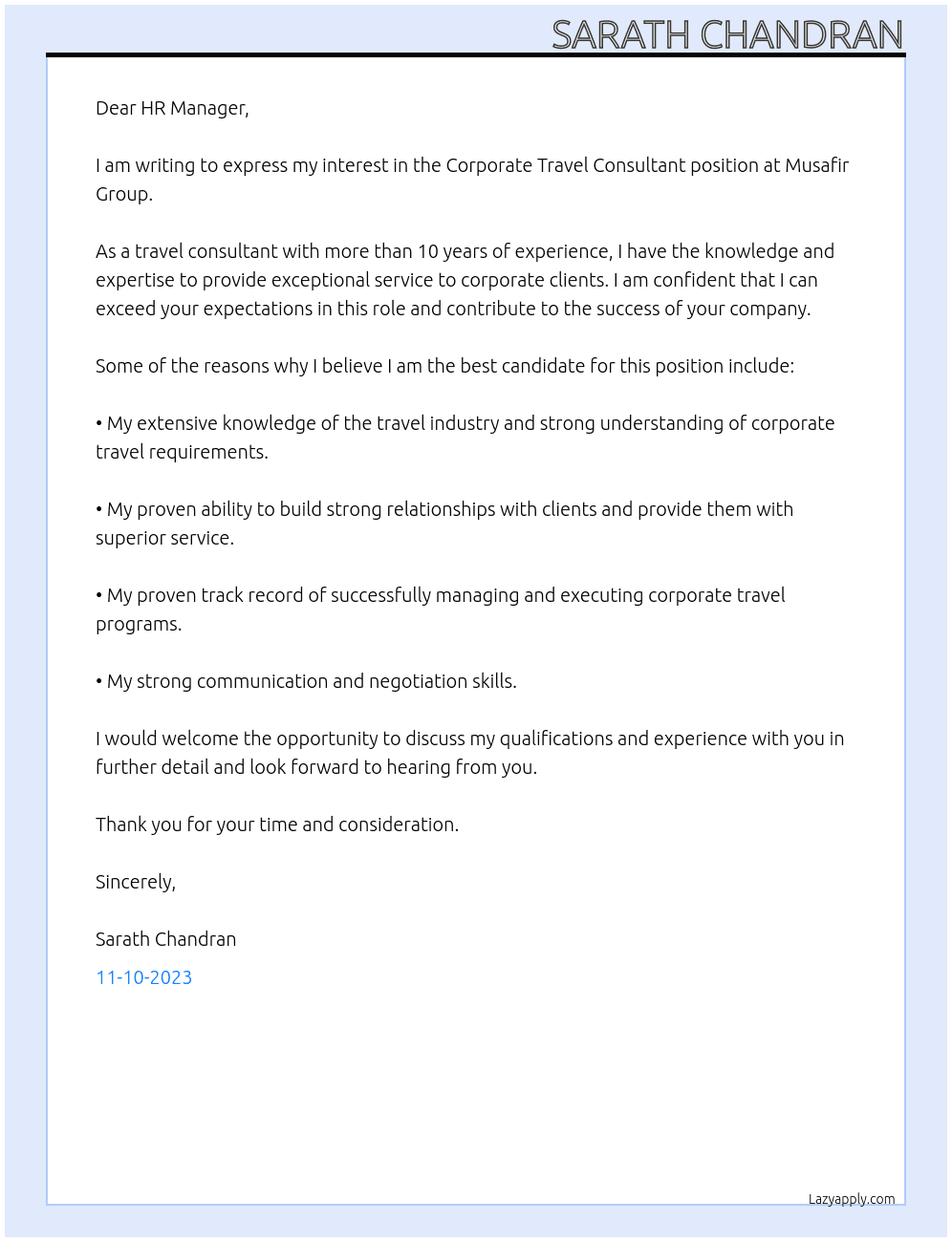 Corporate Travel Consultant At Musafir Group Cover Letter