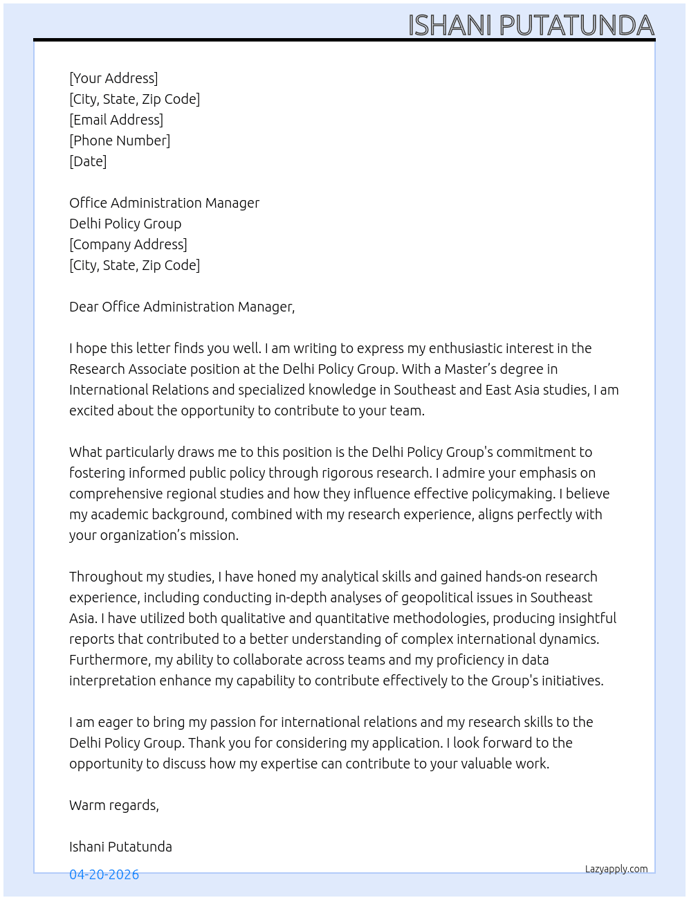Research Associate  At Delhi policy Group  Cover Letter