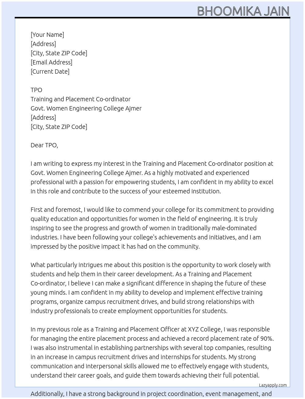 training and placement co-ordinator At govt. women engineering college ajmer Cover Letter