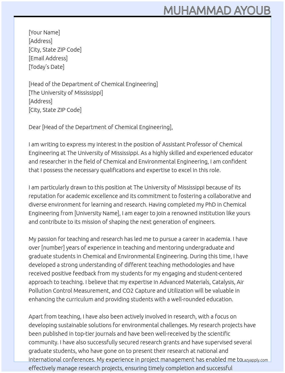 Assistant Professor of Chemical Engineering At The University of Mississippi Cover Letter