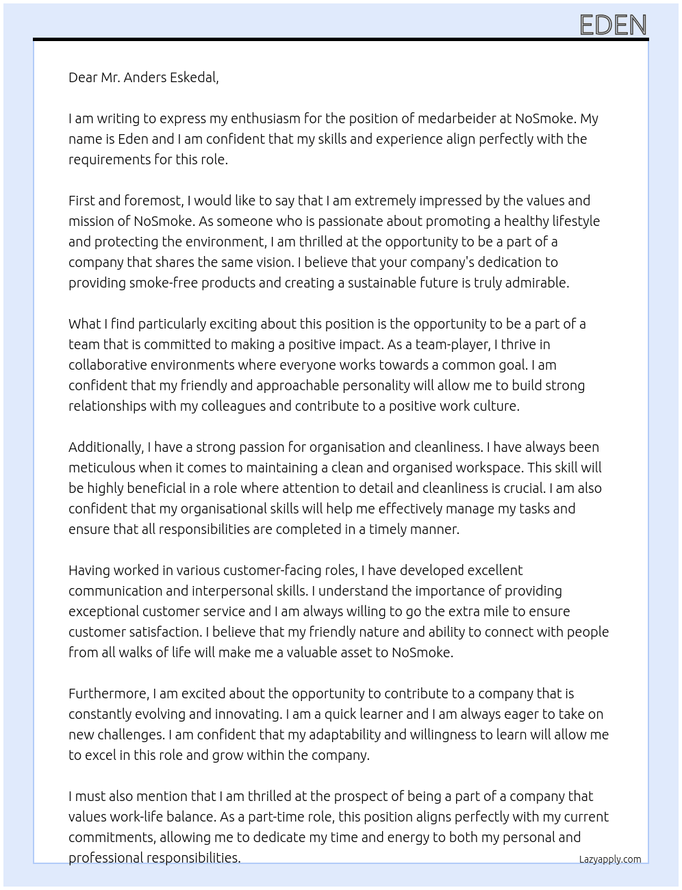 medarbeider At NoSmoke Cover Letter