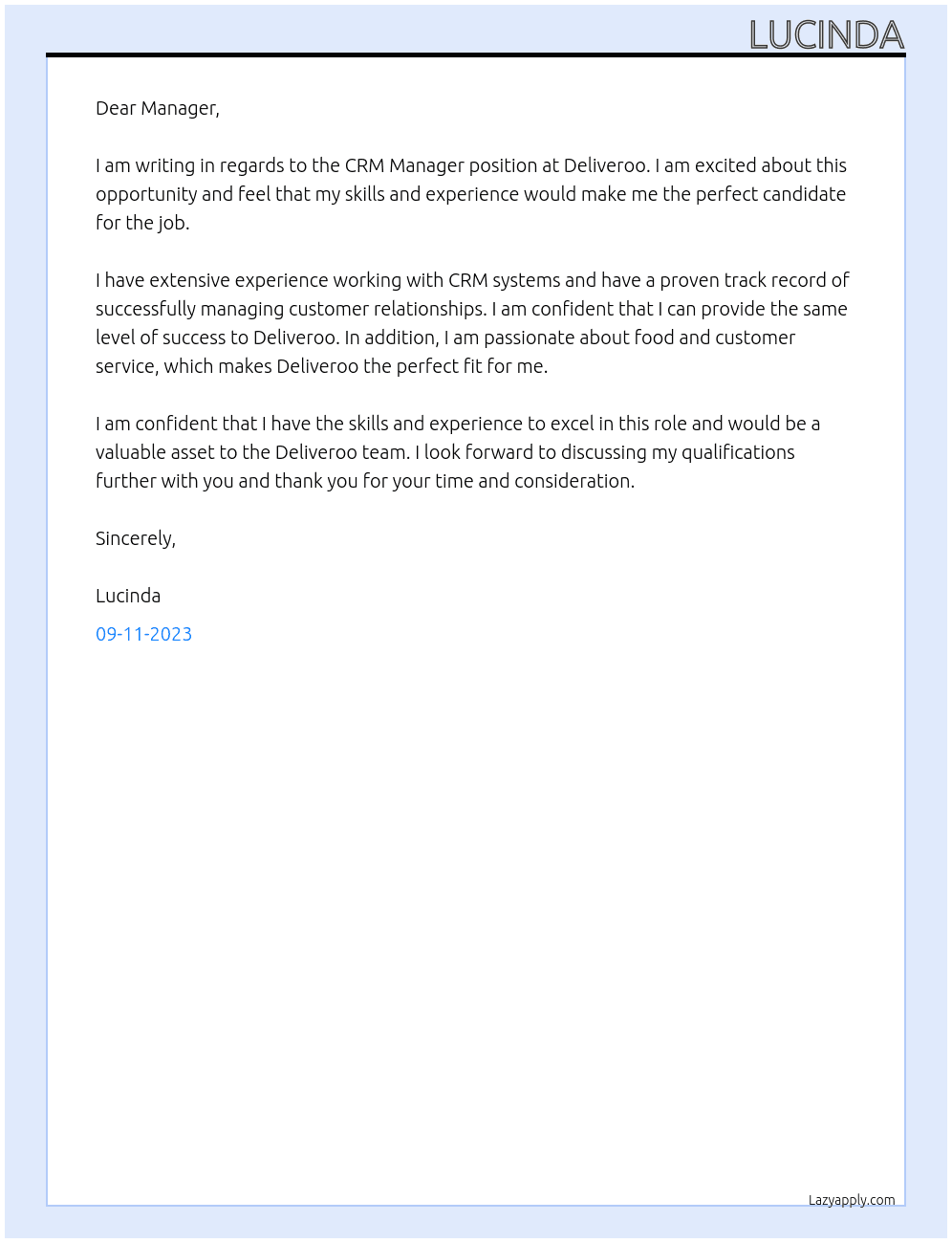 CRM Manager At Deliveroo Cover Letter