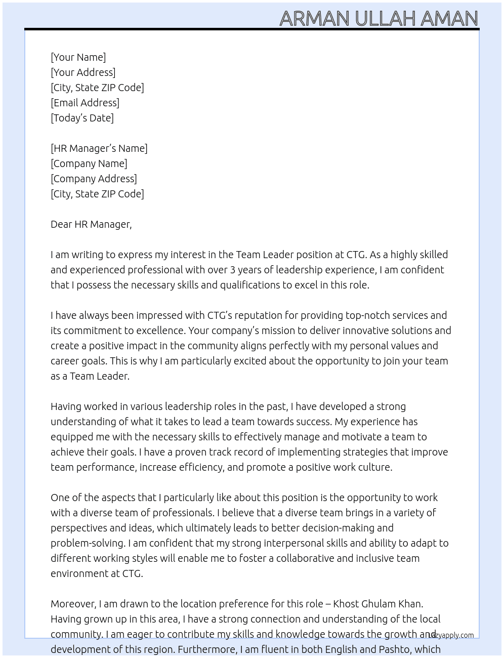 Team leader At CTG Cover Letter