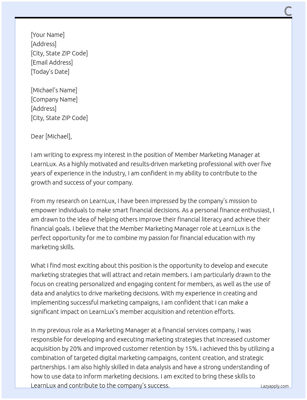 Member Marketing Manager At LearnLux Cover Letter