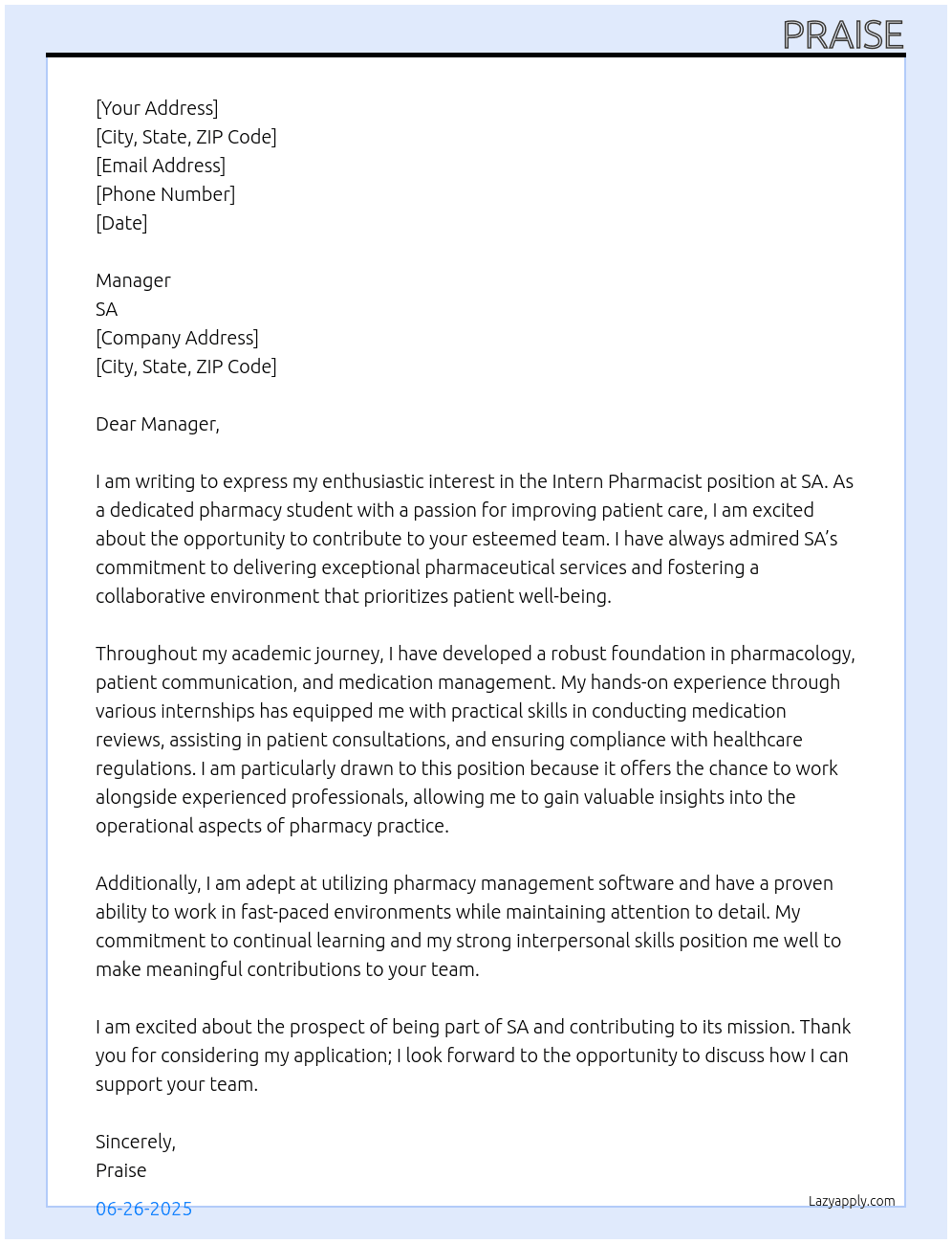 intern pharamcist At SA  Cover Letter