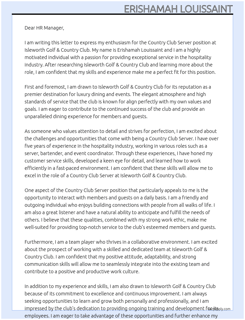 Country Club Server At isleworth golf & country club Cover Letter