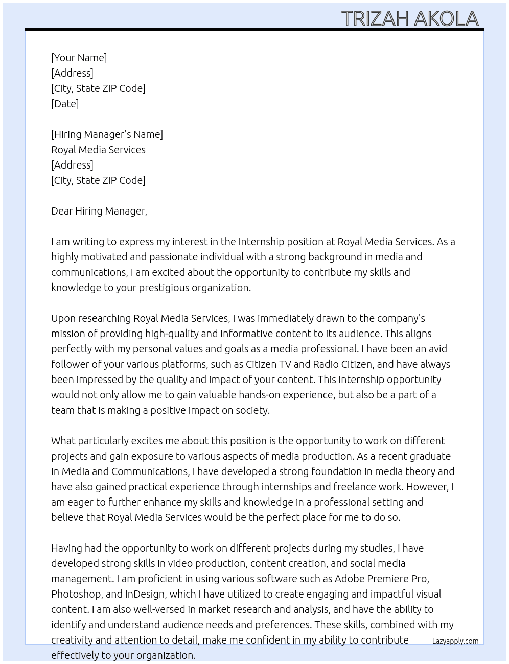 Internship  At Royal Media Services  Cover Letter