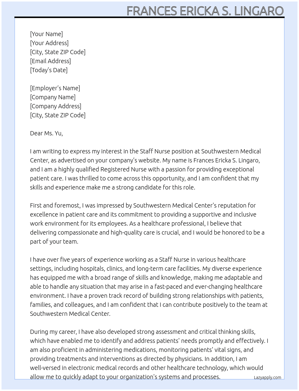 Staff Nurse At Southwestern Medical Center Cover Letter