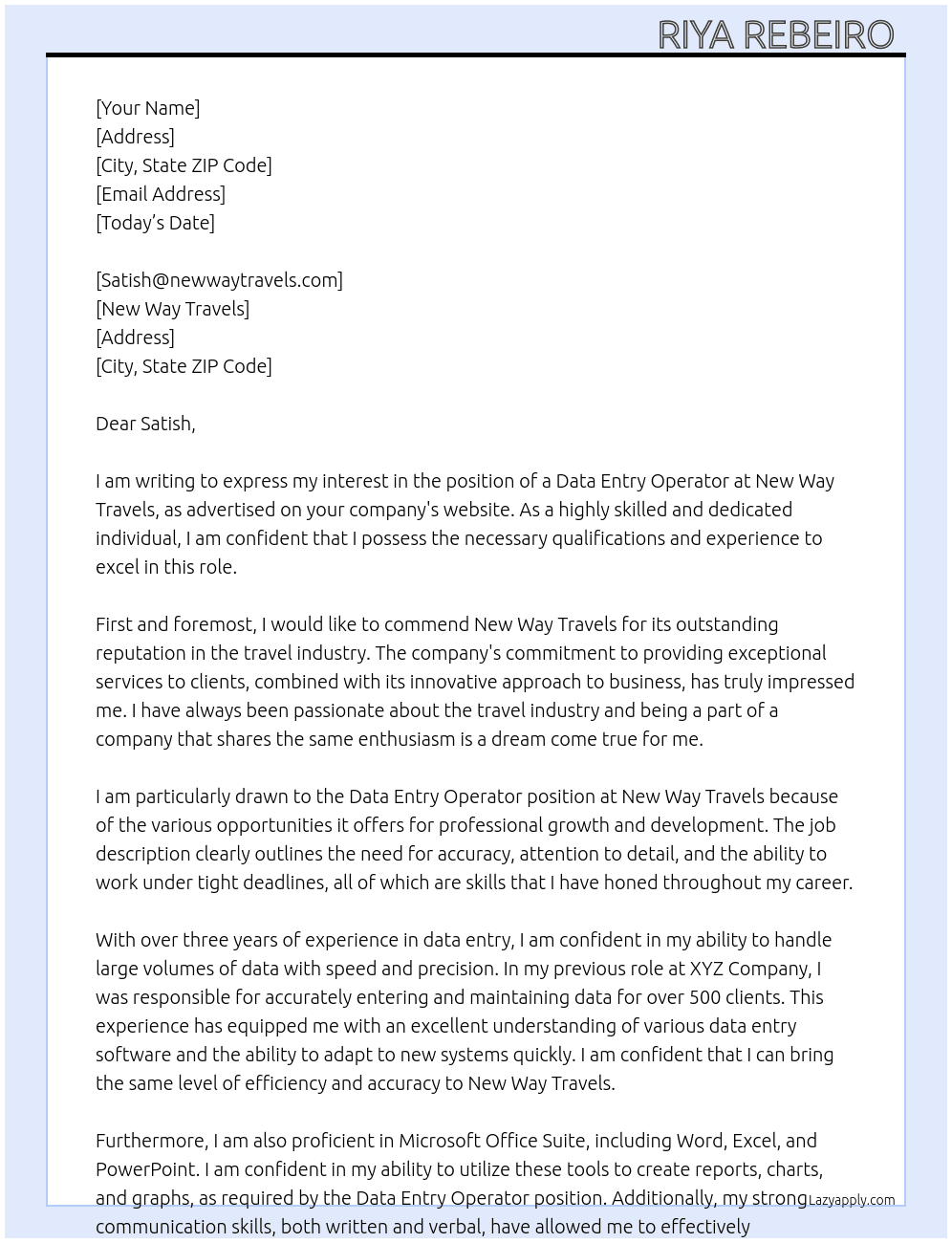 Data entry operator  At New way travels Cover Letter