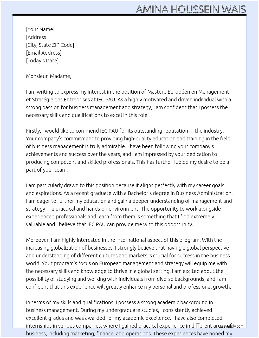 Mastère Européen en Management et Stratégie des Entreprises At IEC PAU  Cover Letter
