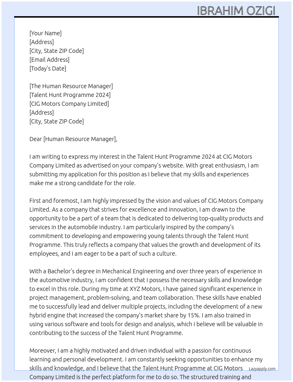 Talent Hunt Programme 2024 At CIG Motors Company Limited Cover Letter