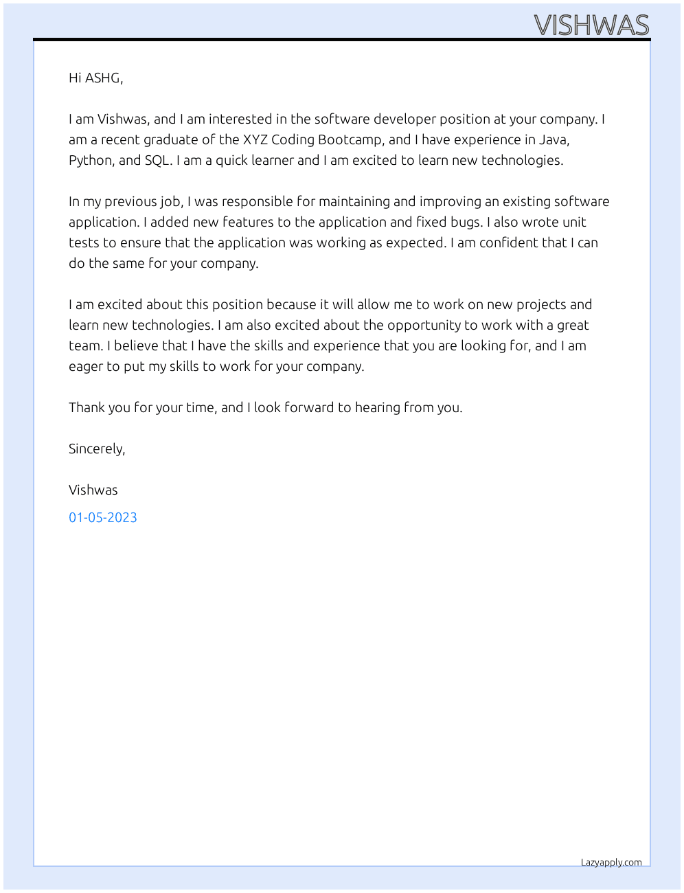 softwaredeveloper At Vishwas Cover Letter