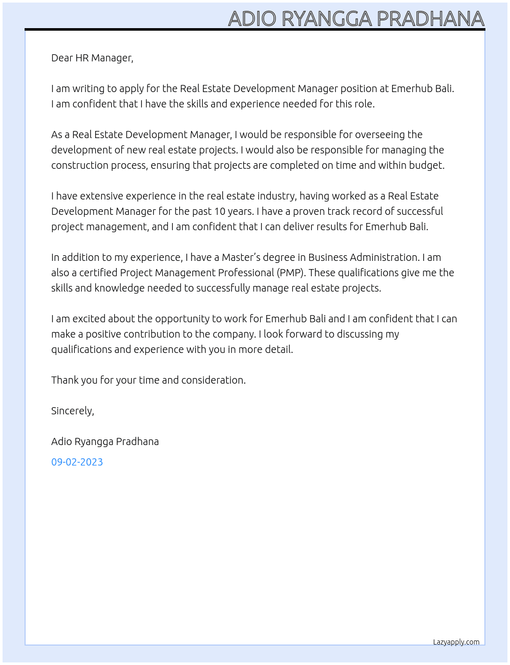Real Estate Development Manager At Emerhub Bali Cover Letter