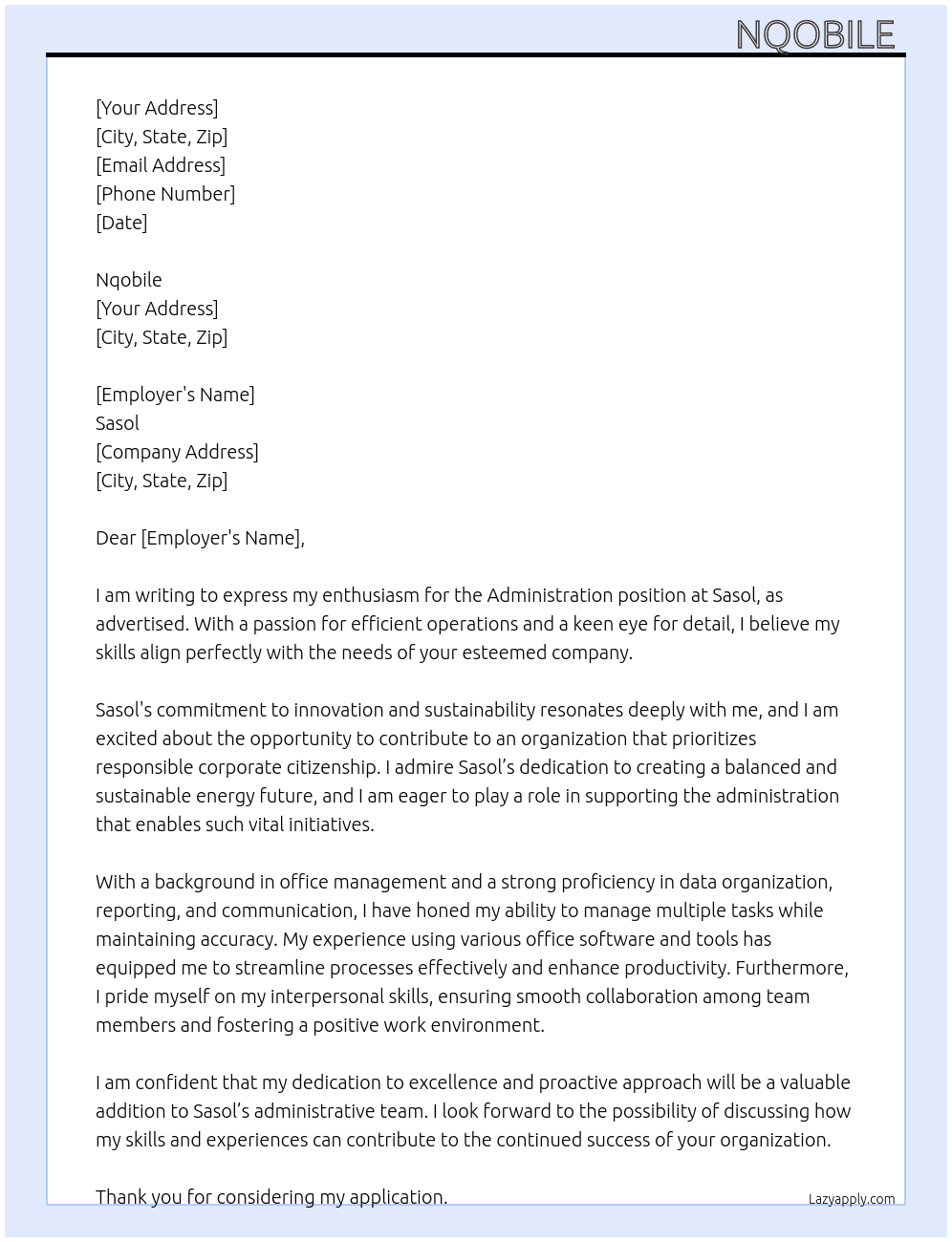 Administration  At Sasol Cover Letter