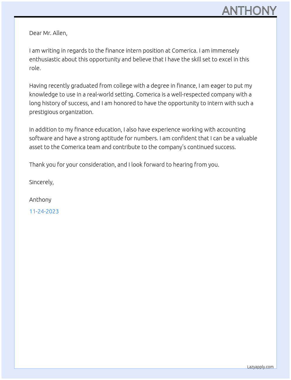 Finance intern At Comerica Cover Letter