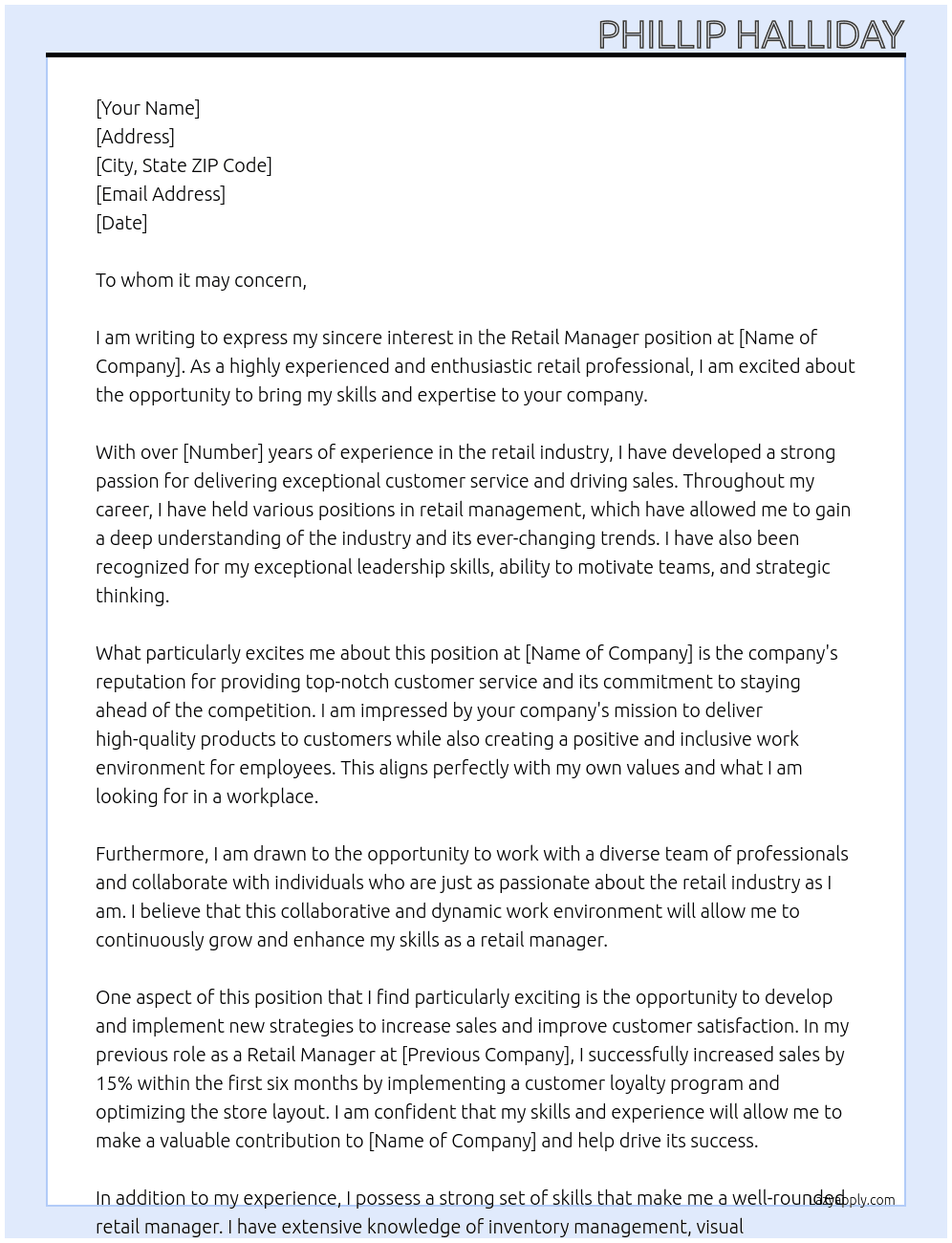 Retail Manager At example Cover Letter