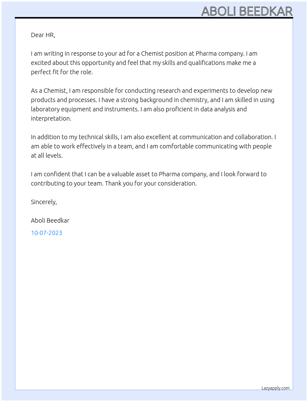 Chemist At Pharma company Cover Letter