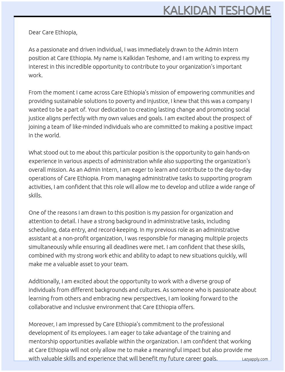 Admin Intern At Care Ethiopia  Cover Letter