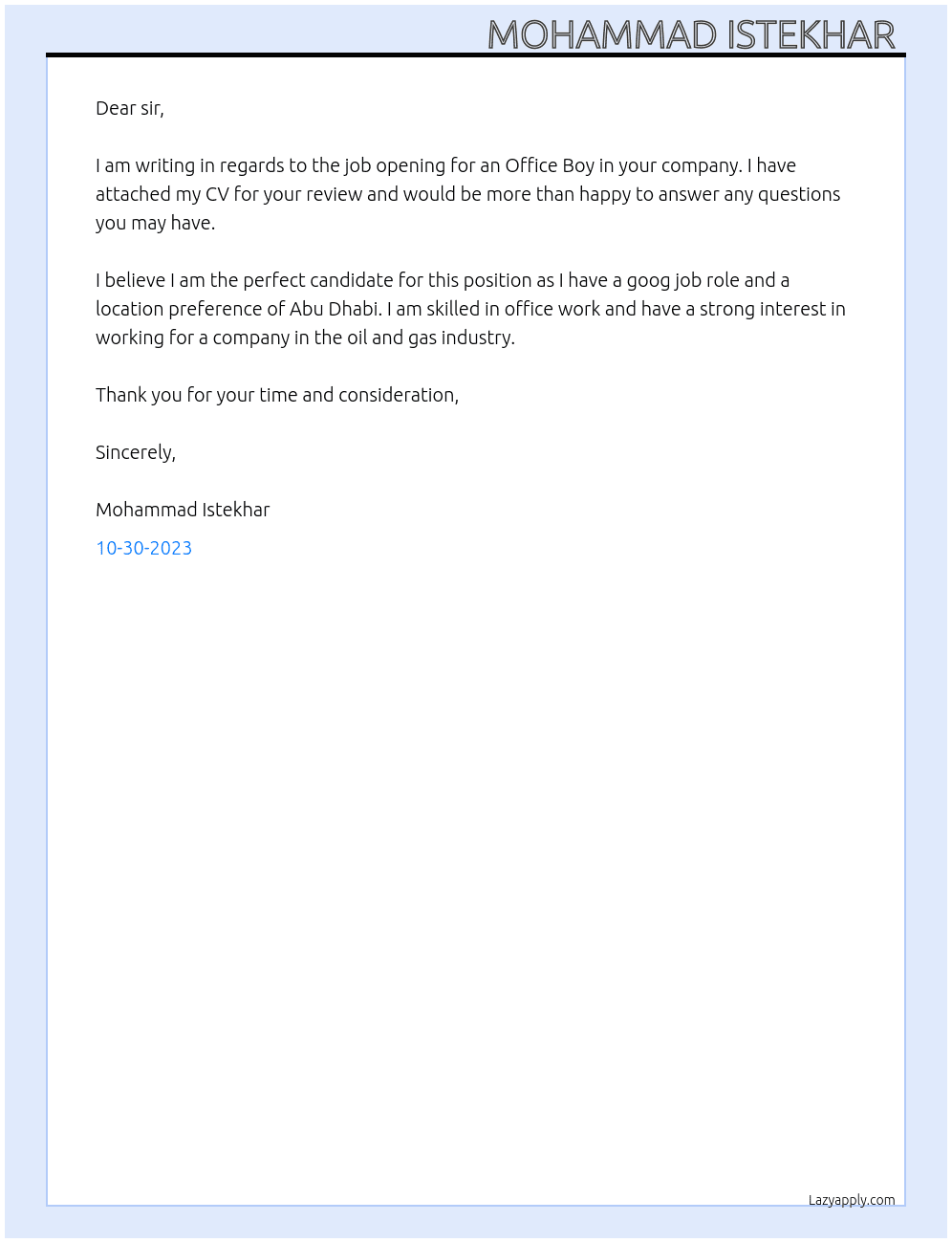 Office Boys At Oil an gas  Cover Letter