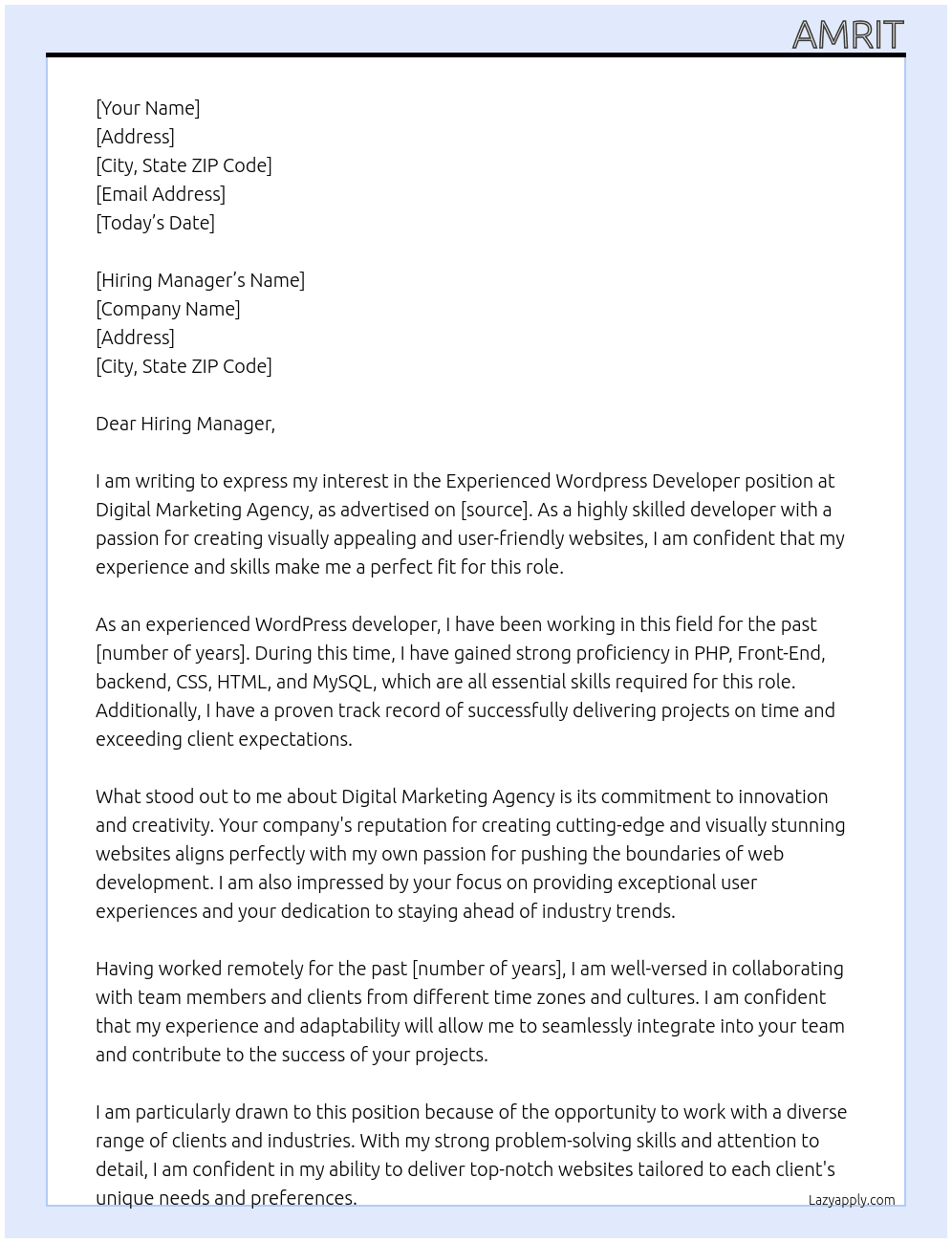 Experienced Wordpress Developer At Digital Marketing Agency Cover Letter