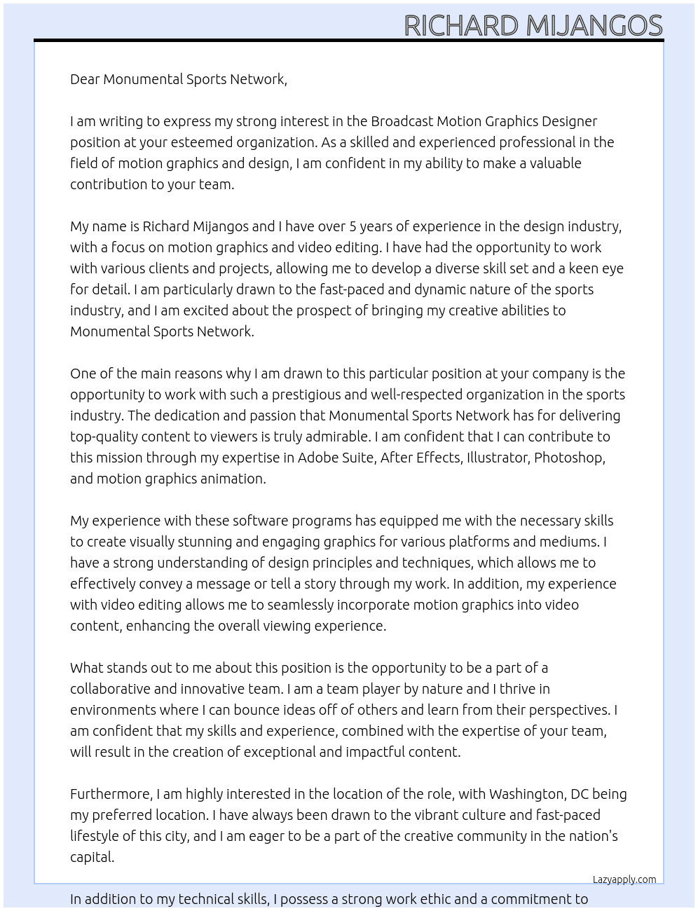 Broadcast Motion Graphics Designer At Monumental Sports Network Cover Letter
