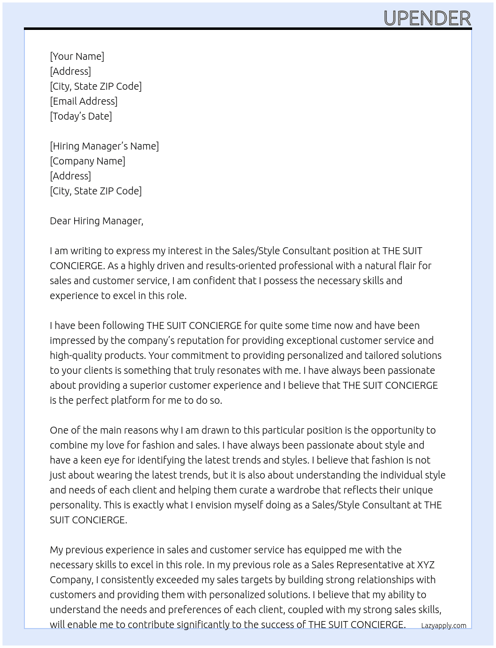 sales/Style Consultant At THE SUIT CONCIERGE Cover Letter
