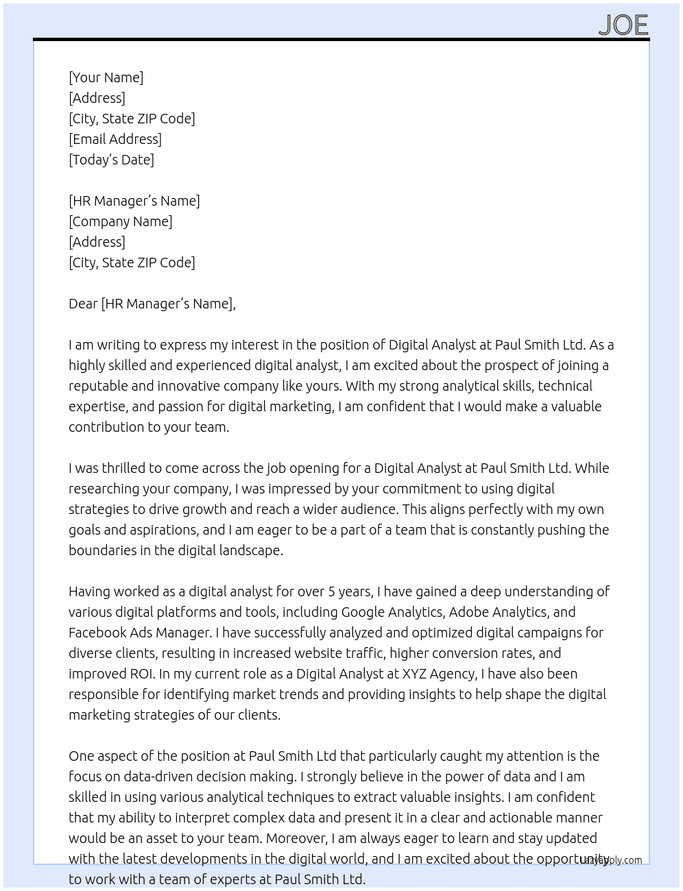 digital analyst At paul smith ltd Cover Letter