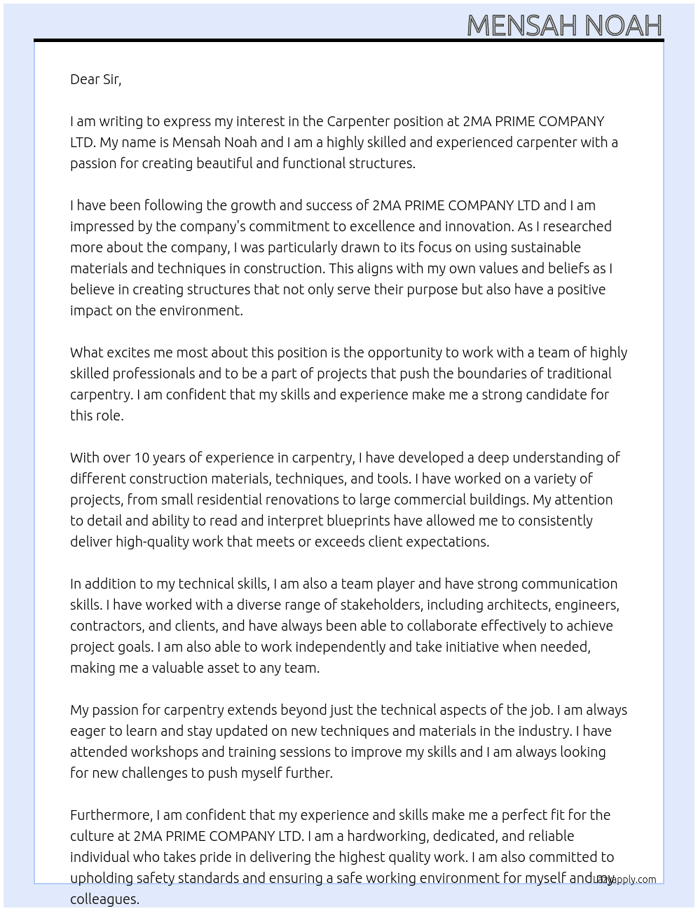 Carpenter  At 2MA PRIME COMPANY LTD  Cover Letter