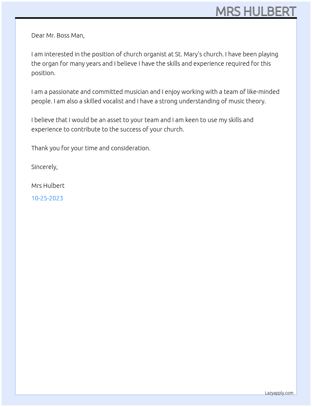 church organist At st. Mairy's church  Cover Letter