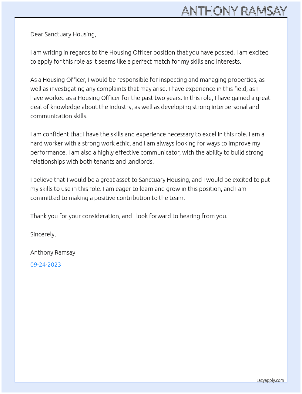 Housing Officer At Sanctuary Housing Cover Letter