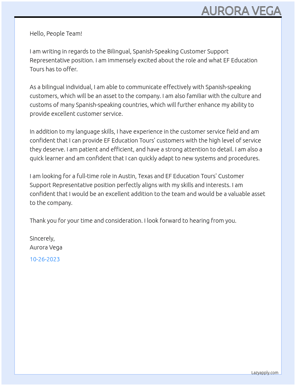 Bilingual, Spanish-Speaking Customer Support Representative At EF Education Tours Cover Letter