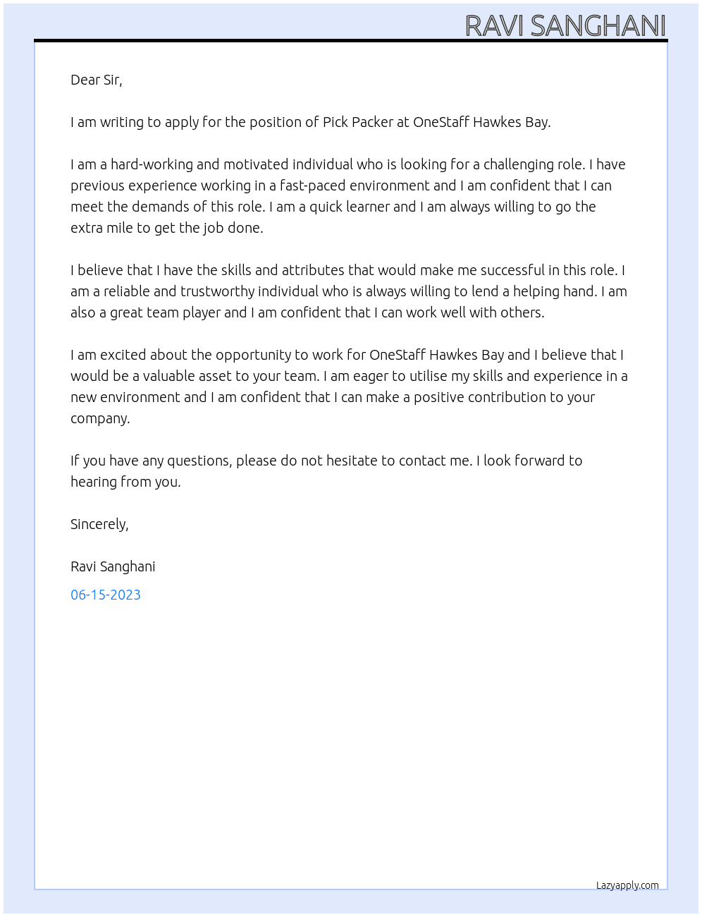 Pick Packer At OneStaff Hawkes Bay Cover Letter