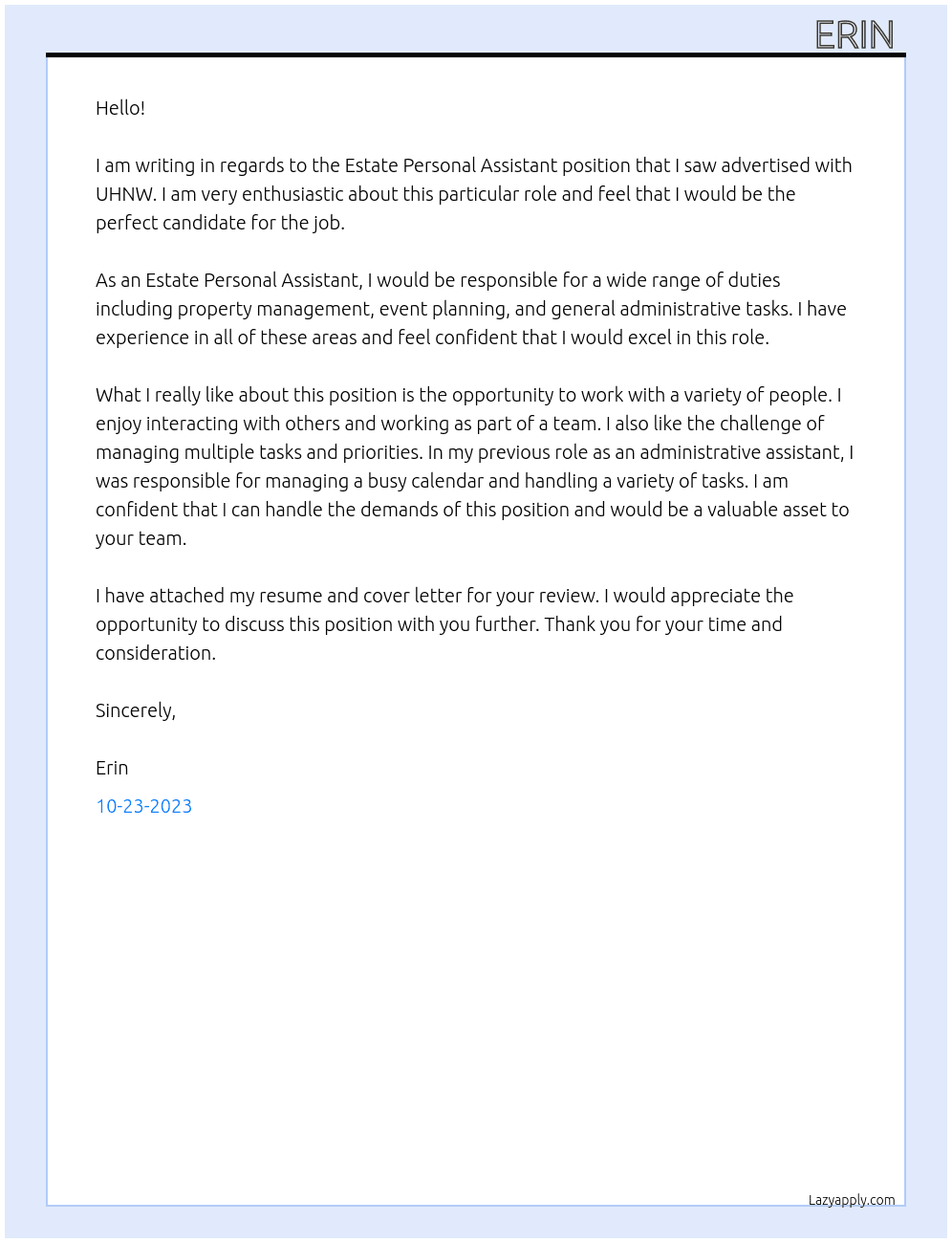 Estate Personal Assistant At UHNW Cover Letter
