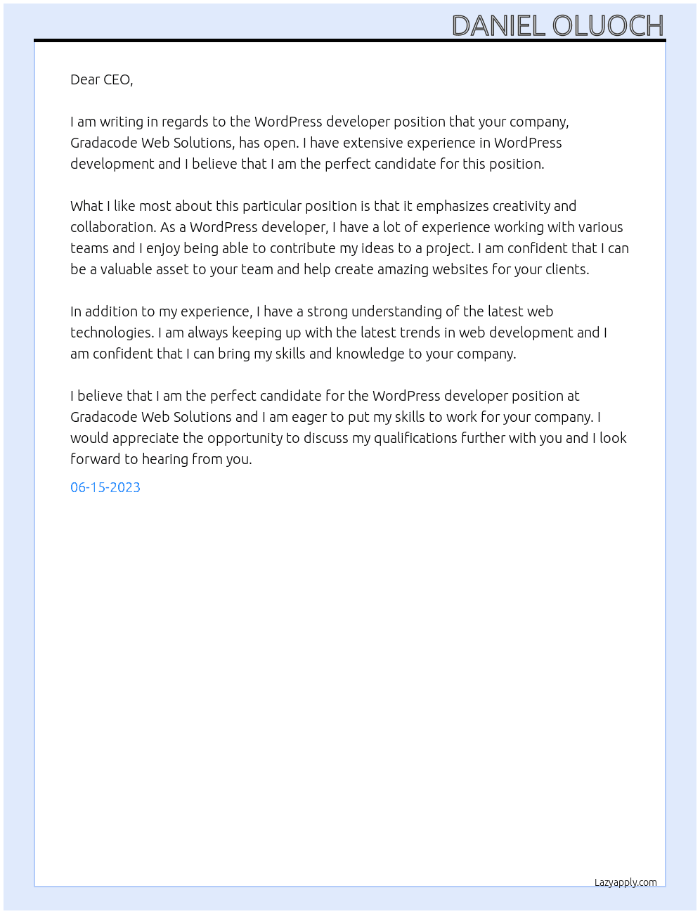WordPress developer At Gradacode Web Solutions Cover Letter