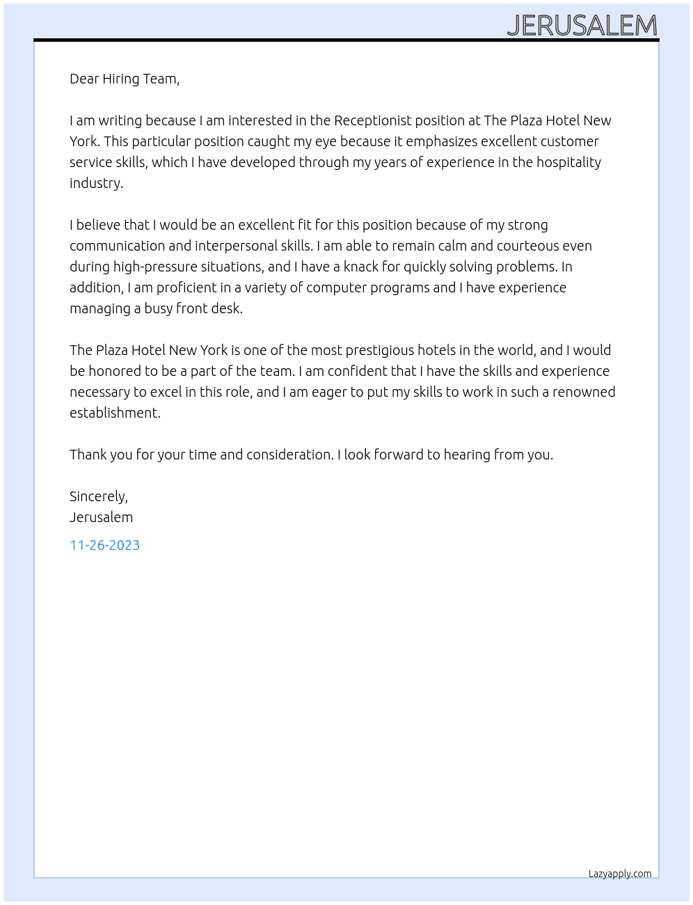 Receptionist  At The plaza hotel new york  Cover Letter