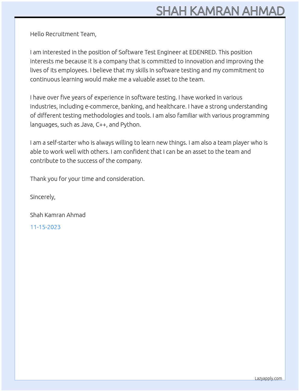 Software Test Engineer At EDENRED Cover Letter