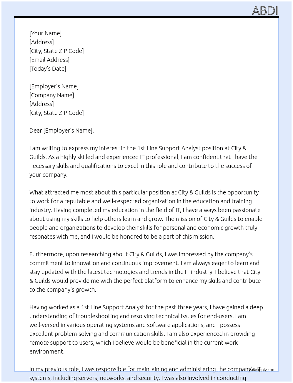 1st line support analyst At City & guilds Cover Letter
