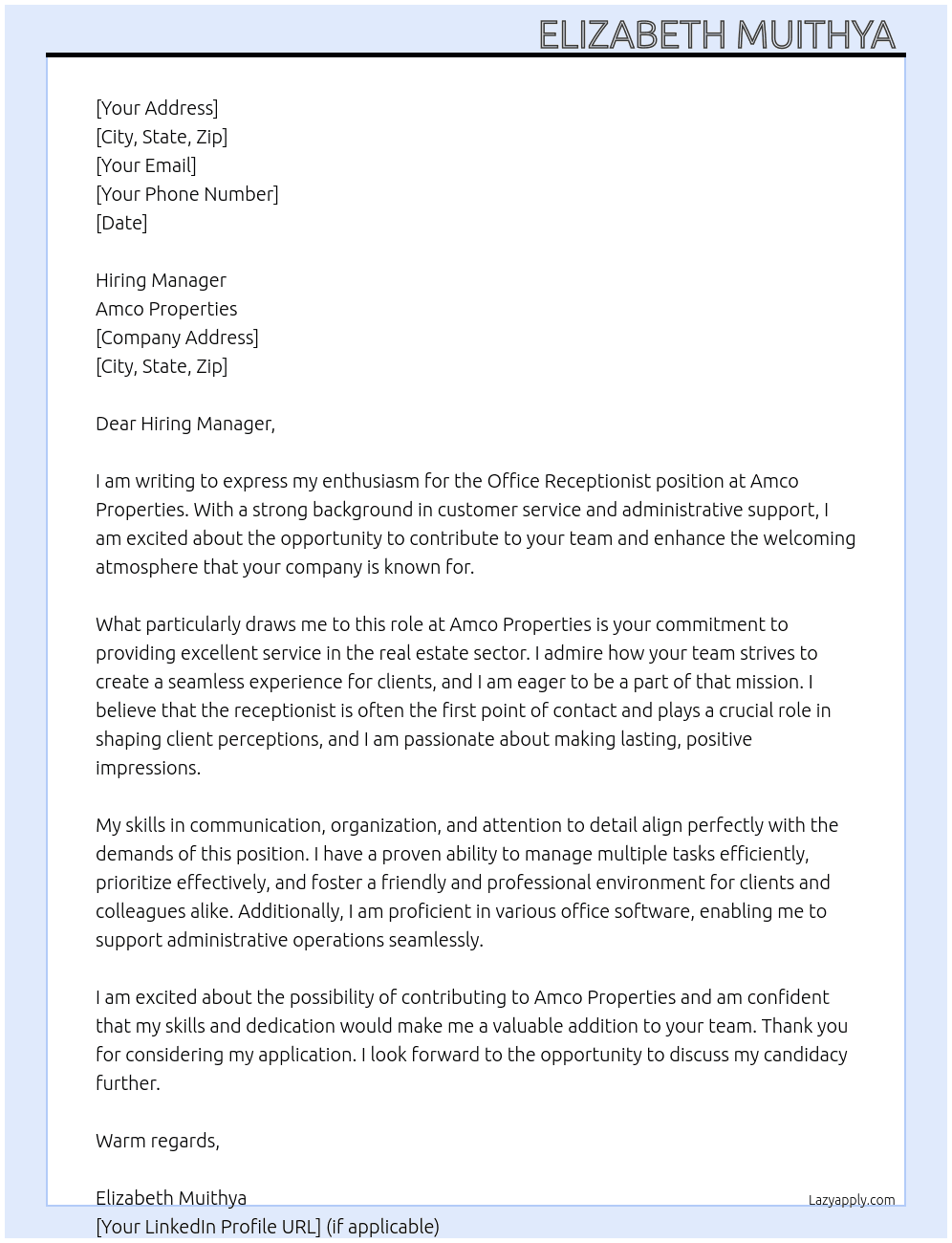 Office Receptionist  At Amco properties  Cover Letter