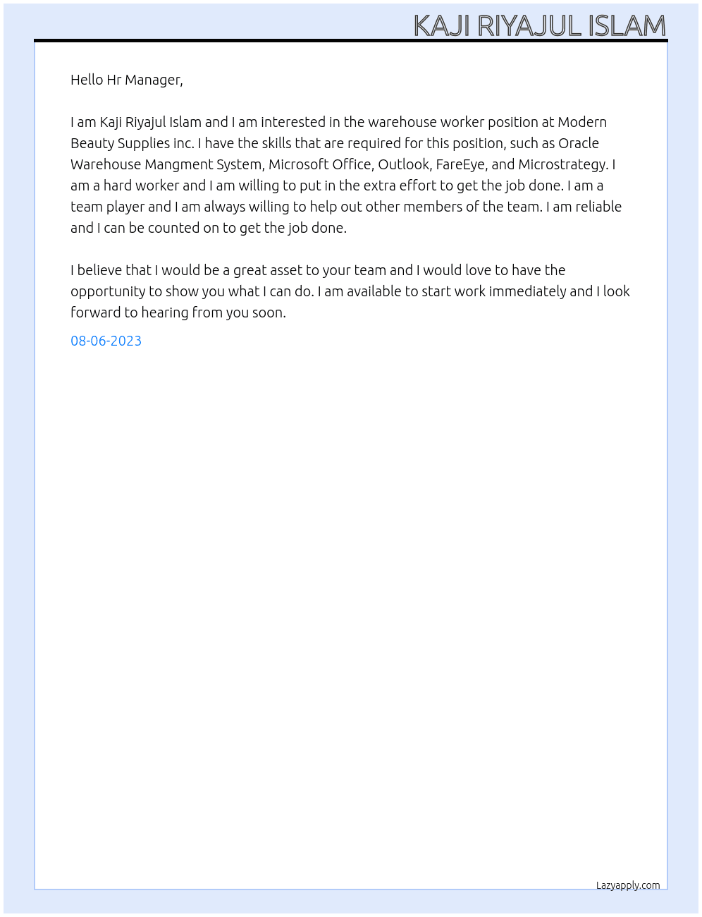 Warehouse worker At Modern Beauty Supplies inc Cover Letter