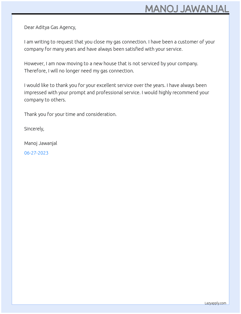 Close my GAS Connection  At Aditya Gas Agency  Cover Letter