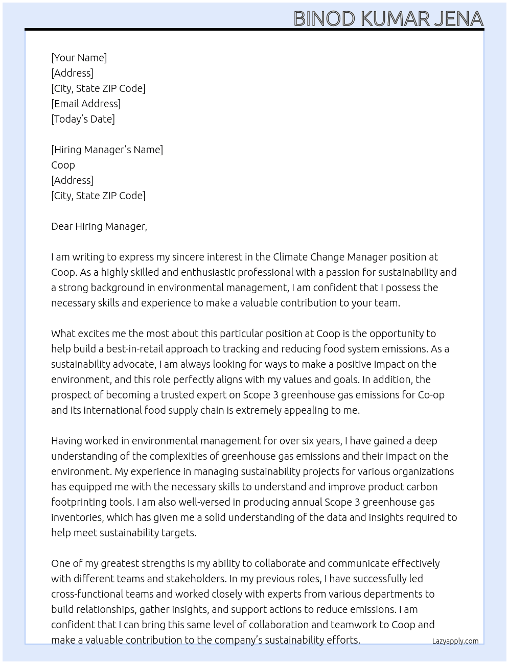 Climate Change Manager At Coop Cover Letter