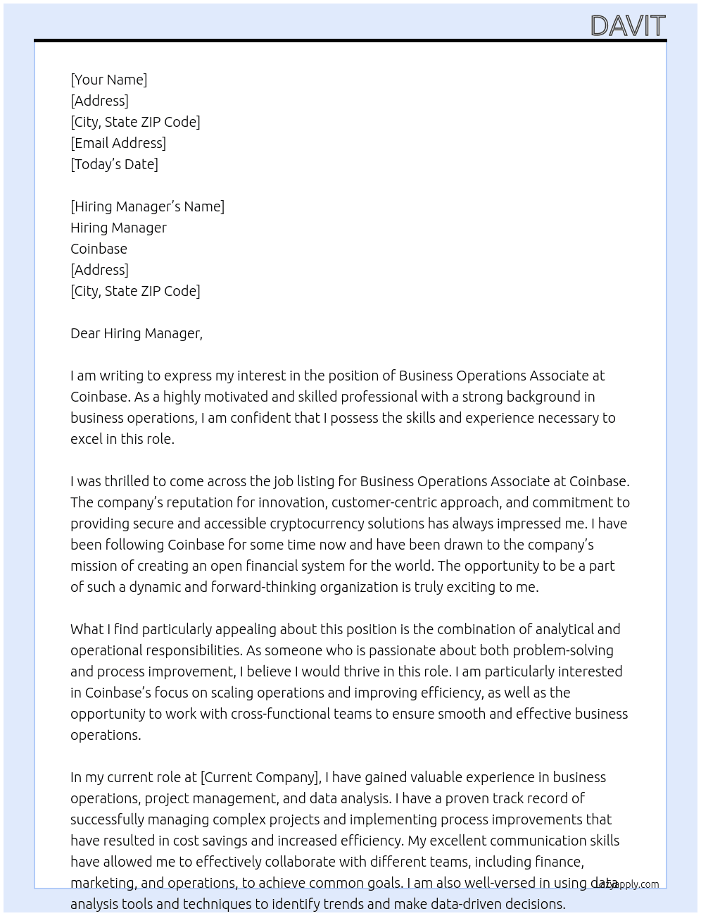 Business Operations Associate At Coinbase Cover Letter