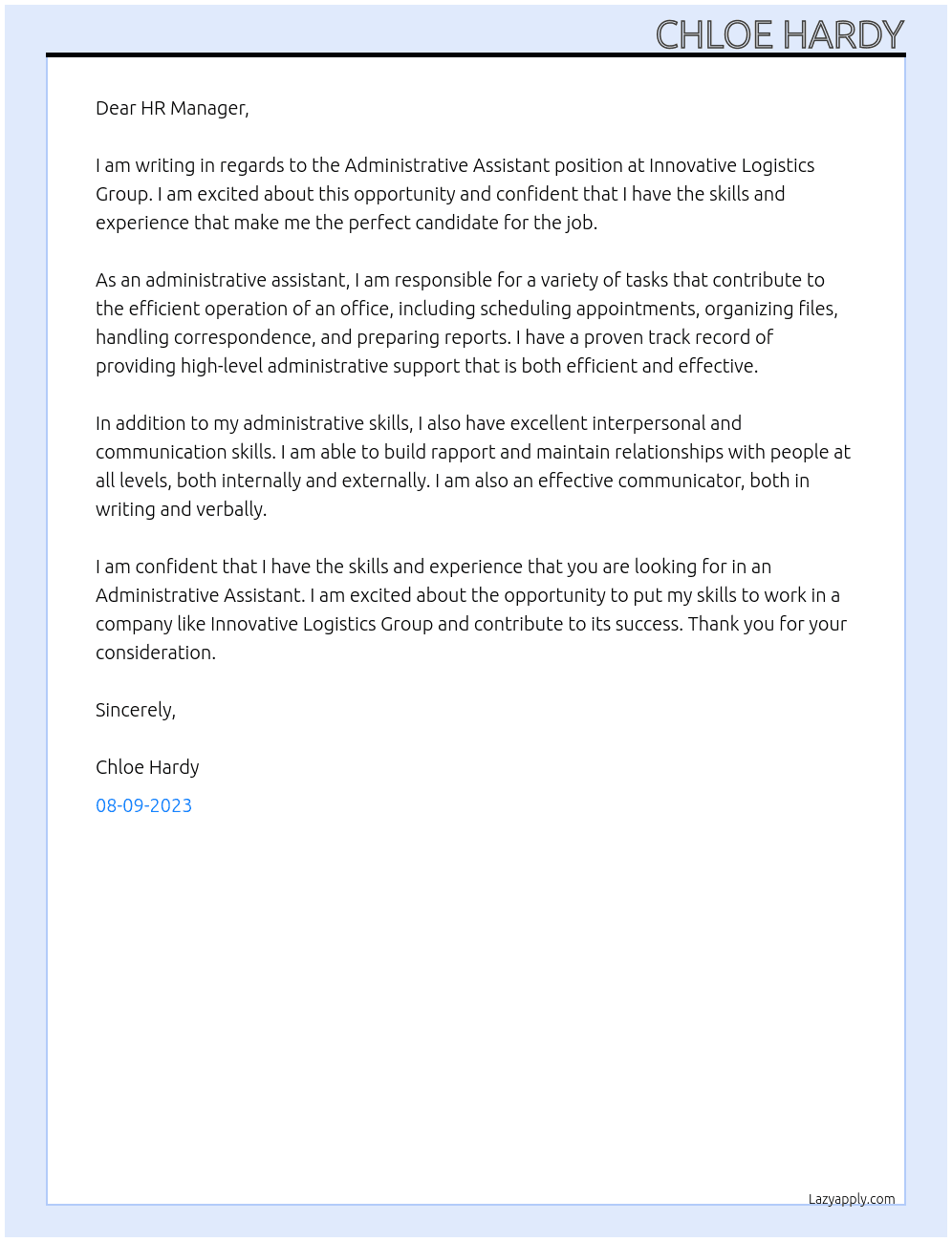 Administrative Assistant At Innovative Logistics Group Cover Letter