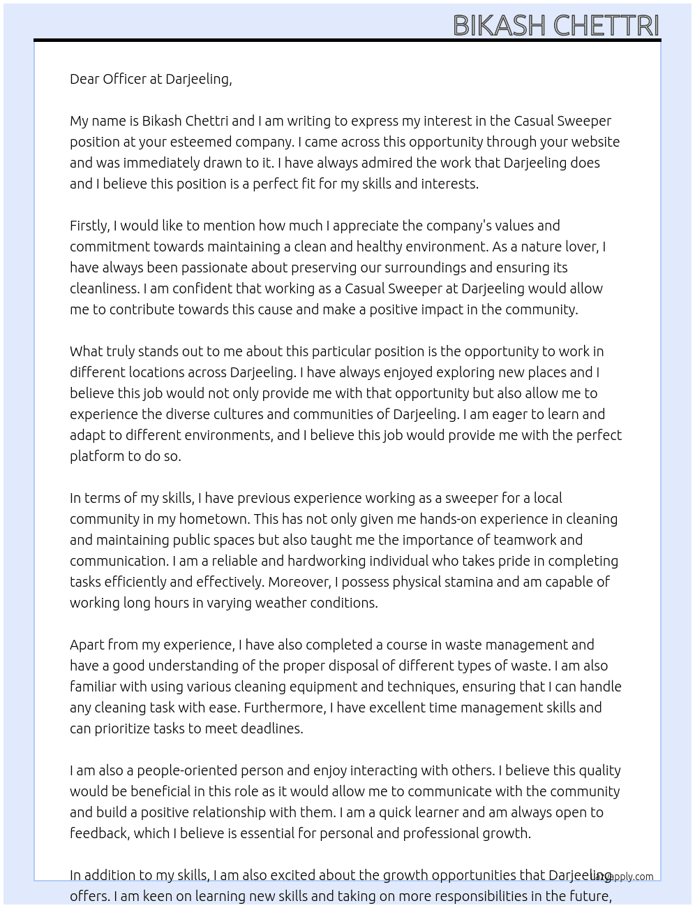 causal sweeper At darjeeling Cover Letter