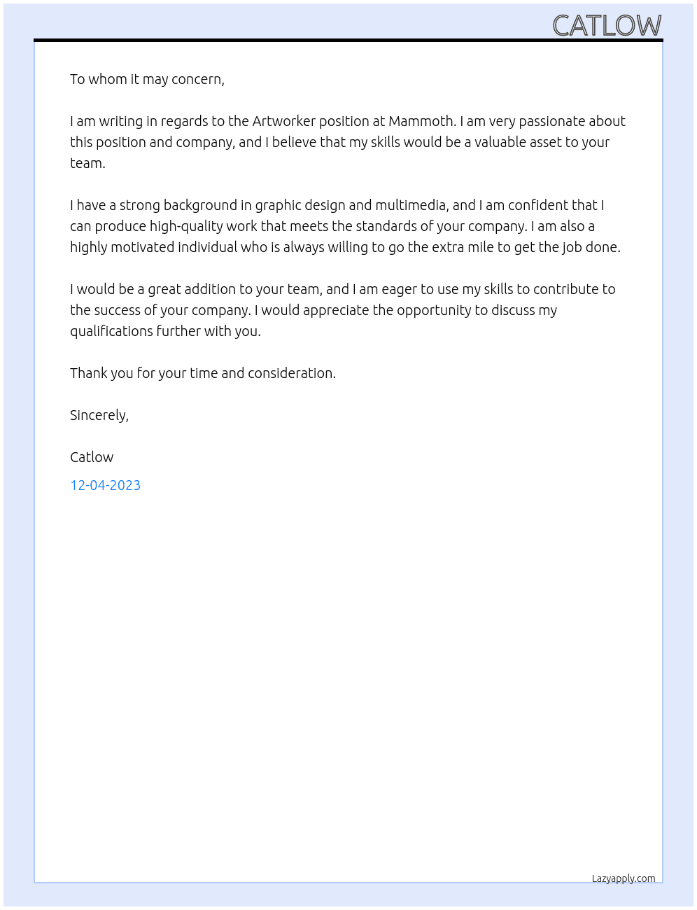 Artworker At Mammoth Cover Letter
