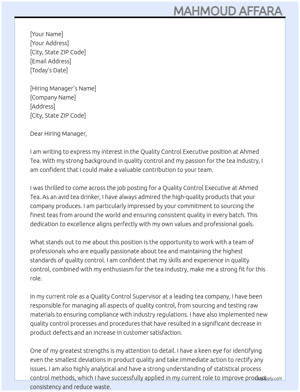 Quality control executive  At Ahmed Tea Cover Letter
