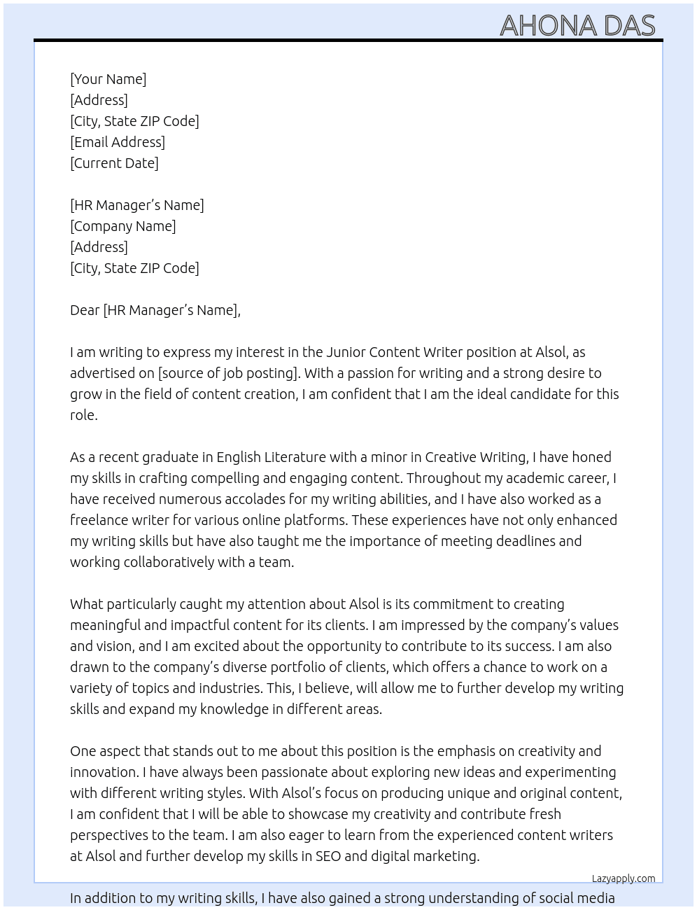 Junior content writer  At Alsol  Cover Letter