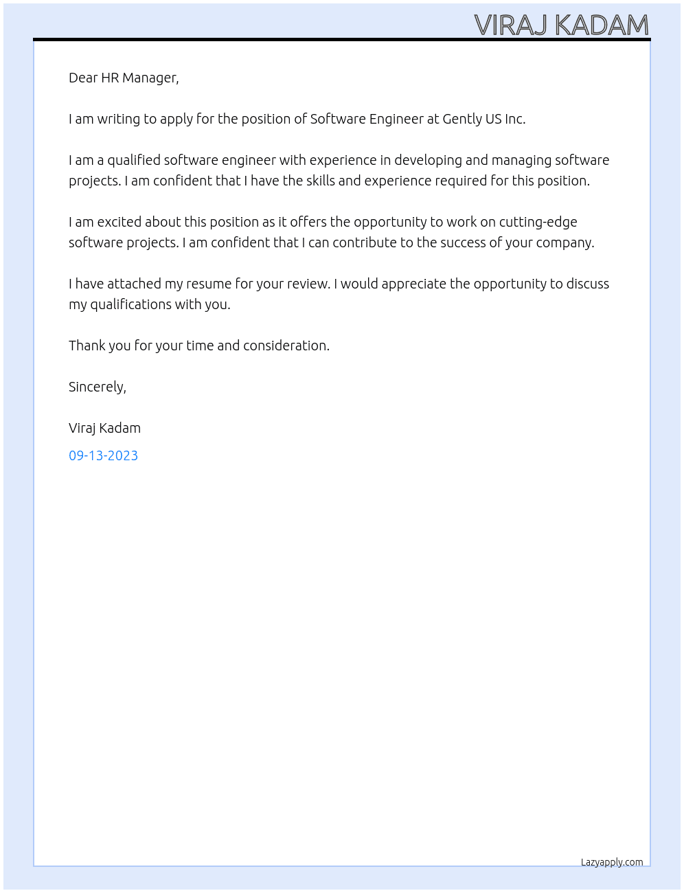 Software Engineer At Gently US Inc Cover Letter