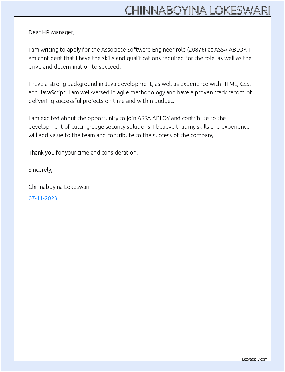 Associate Software Engineer (20876) At ASSA ABLOY  Cover Letter