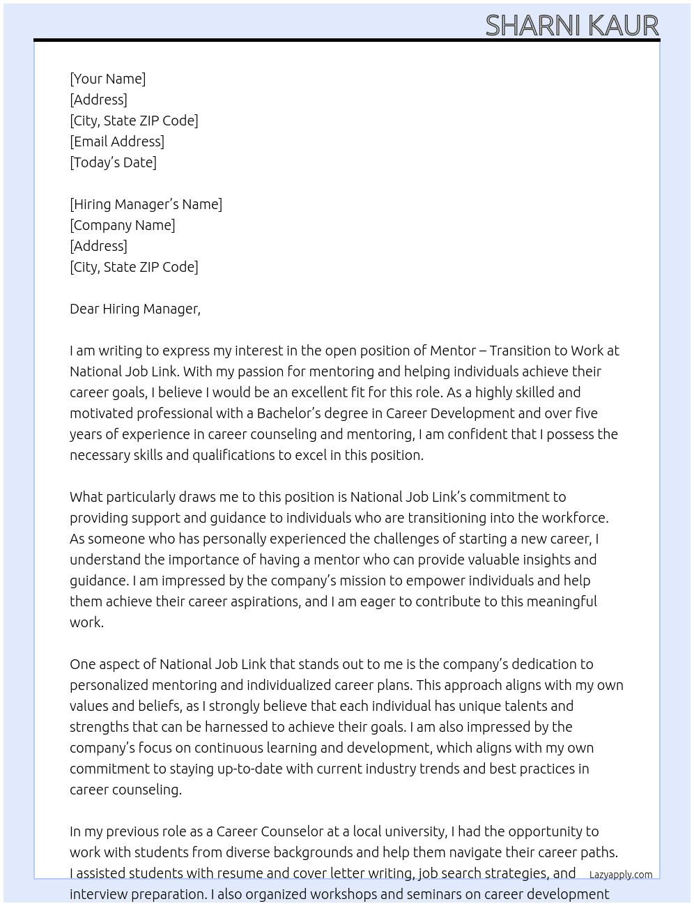 Mentor - Transition to Work At National Job Link Cover Letter